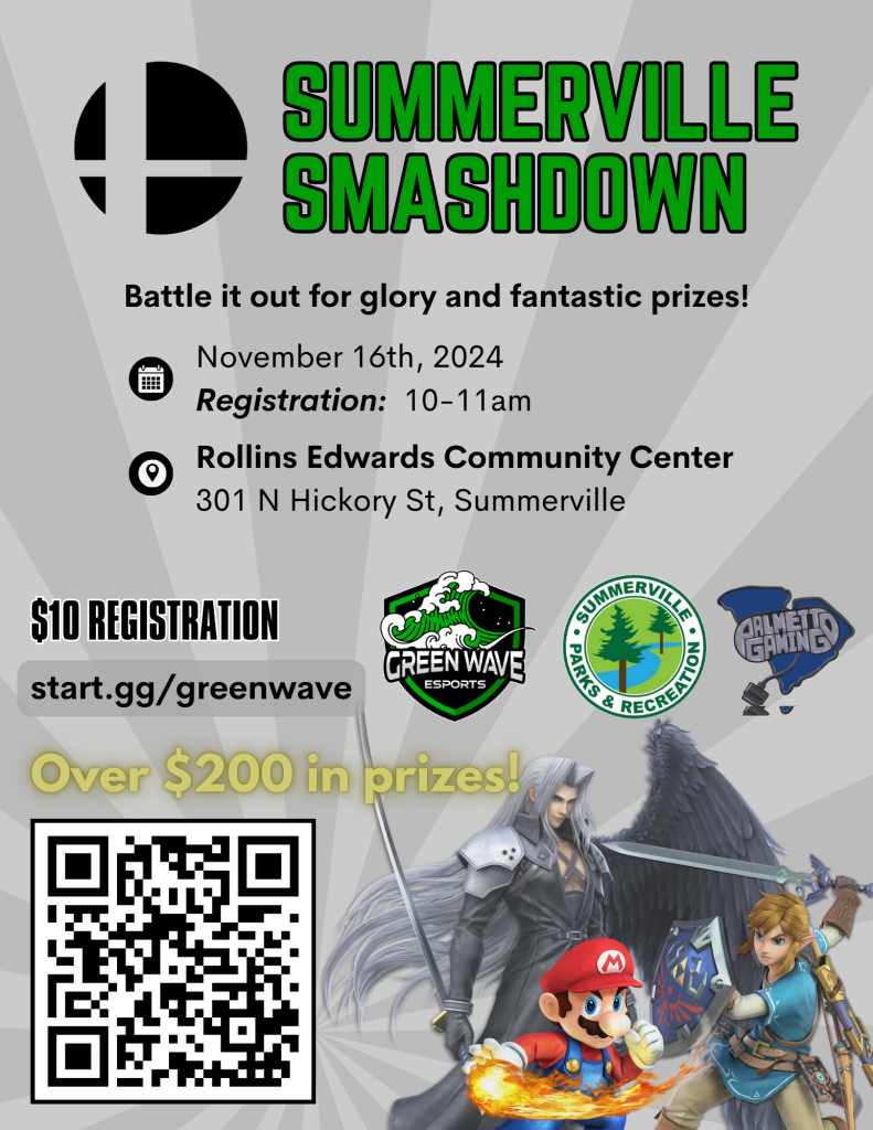 Summerville Smashdown Flyer for Summerville Smashdown. Shows mario, link, and sephiroth along with the logos for Green Wave Esports, Summerville Parks and Rec, and Palmetto Gaming.